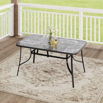 The Range Outdoor Tempered Glass Table with Marble Effect Surface - Black