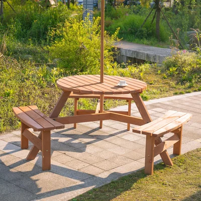 The Range Garden Round Table with Benches - Natural Wood Colour