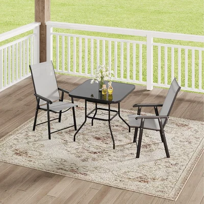 The Range Outdoor Tempered Glass Garden Table with Two Foldable Chairs - Black