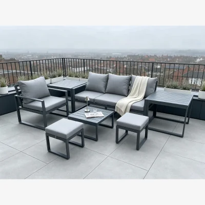 The Range Aluminium Garden Furniture Set Patio Lounge Sofa Chair Set Coffee Table 2 Side Tables 2 Stools - Dark grey