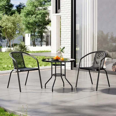 The Range Breeins Outdoor Tempered Glass Garden Table Set with 2 Rattan Chairs - Black