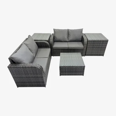 The Range Fimous Rattan Garden Outdoor Furniture Set with 2 Love Sofas, Square Coffee Table and 2 Side Tables. - Dark Grey Mixed rattan with dark grey fabric