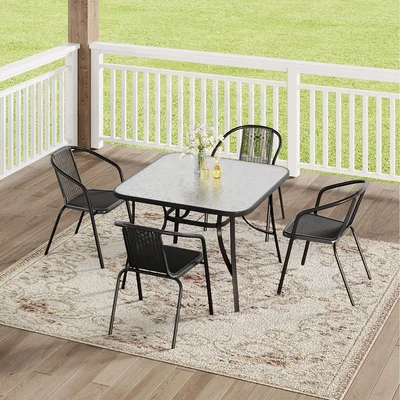 The Range Tempered Glass Outdoor Garden Table with Four Rattan Chairs - Black