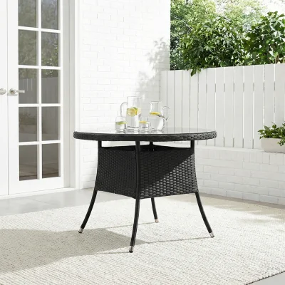 The Range Breeins Round Rattan Garden Table with Tempered Glass Top and Parasol Hole - Black
