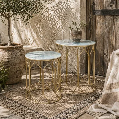 The Range Loba Set of 2 Marble-Effect Round Nesting Outdoor Coffee Tables with Ceramic Tile Tops