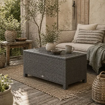 The Range Viluno Pafi Rattan Light Grey Outdoor Coffee Table With Glass Top