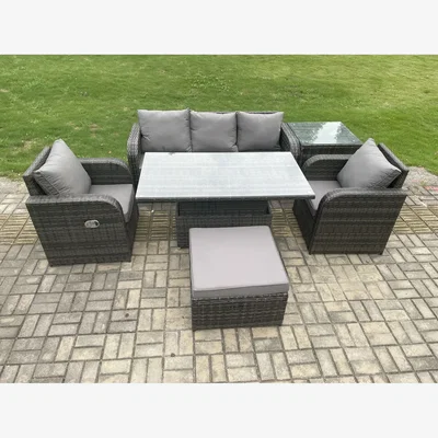 The Range Fimous Wicker PE Rattan Outdoor 6-Seater Set with Adjustable Rising Dining Table. - Dark Grey