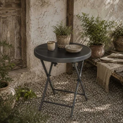 The Range Laparo Metal And Glass Black Folding Outdoor Side Table 45cm With Marble Effect Top