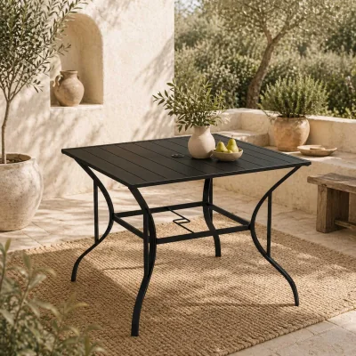 The Range Hareni Steel Black Outdoor Garden Table - Slatted Top with Parasol Hole
