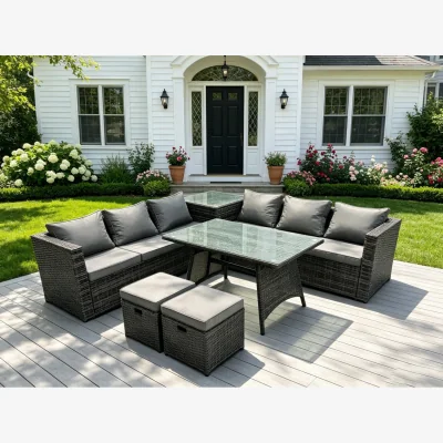 The Range Outdoor Rattan Corner Sofa Set Dining Table + 2 Footstools - Dark Grey Mixed