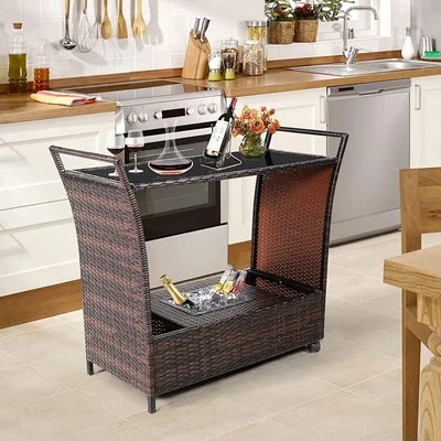 The Range Rattan Serving Trolley Cart Bar Cart on Wheels with Removable Ice Bucket - Brown