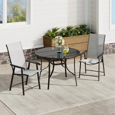 The Range Tempered Glass Outdoor Garden Table with 2 Foldable Chairs - Black