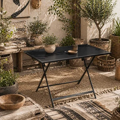The Range Nonila 110cm Black Steel and Glass Folding Outdoor Dining Table for 6