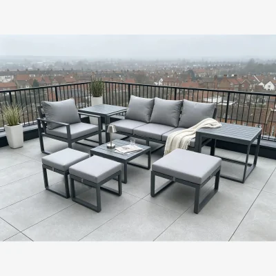 The Range Aluminium Garden Furniture Set Lounge Sofa Chair Square Coffee Table Sets 2 Side Tables 3 Stools - Dark grey