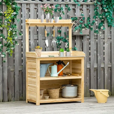 The Range Garden Potting Bench Table with Galvanized Metal Tabletop - Natural