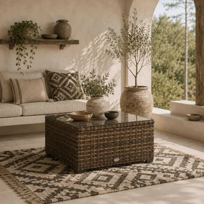 The Range Nolone Brown Rattan Outdoor Glass Top Side Table