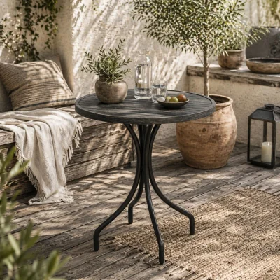 The Range Nari 66cm Round Galvanised Steel Garden Table, Grey Wood-Grain Slatted Top