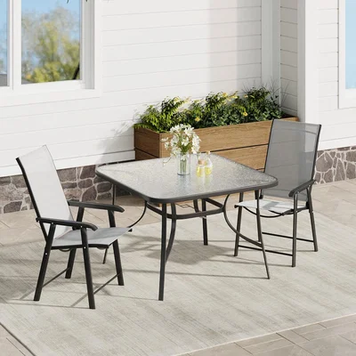 The Range Outdoor Glass Dining Table with Folding Chairs Set - Black / 1 Table and 2 Chairs