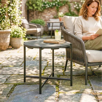 The Range Outsunny 54 cm Round Garden Table, Slatted Wood Top Outdoor Table - Grey