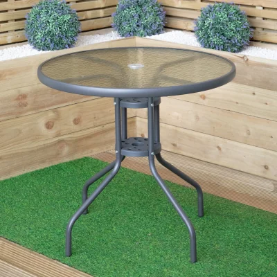 The Range 4 Person Outdoor Round Garden Table with Glass Top in Grey - Grey