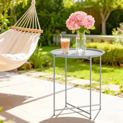 The Range Outsunny 46cm Round Garden Table Side Table with Removable Tray - White