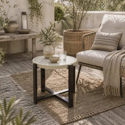 The Range Linado Aluminium Light Grey Round Outdoor Side Table with Marble-Effect Glass Top