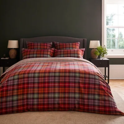 Dunelm Dorma Mulberry 100% Brushed Cotton Duvet and Pillowcase Set Red/Green/White