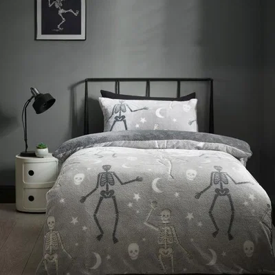 Dunelm Catherine Lansfield Halloween Skeleton Fleece Duvet and Pillowcase Set
