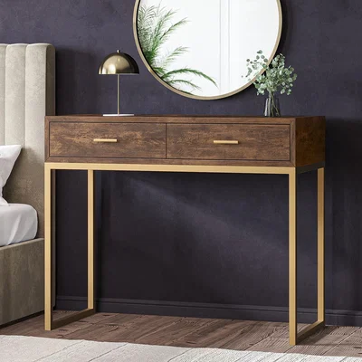 Furniture123 Aubrey Walnut 2 Drawer Dressing Table with Gold Legs