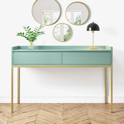 Furniture123 Green Dressing Table with 2 Drawers and Gold Legs - Zion