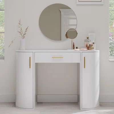 Furniture123 White and Gold Large Dressing Table with Storage Drawer and Shelves - Lily