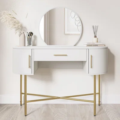 Furniture123 White Marble Top Dressing Table with Mirror and Storage Drawers - Gigi