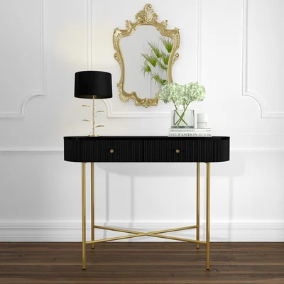 Furniture123 Enzo Groove Detail 2 Drawer Dressing Table in Black and Gold - Art Deco Style