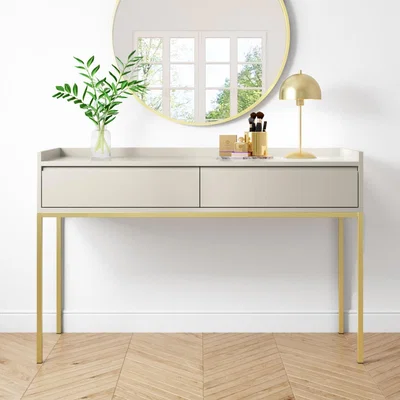 Furniture123 Taupe Dressing Table with 2 Drawers and Gold Legs - Zion