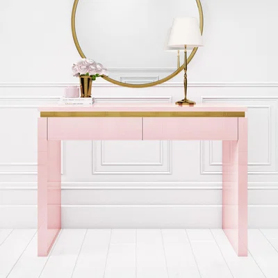 Furniture123 Pink High Gloss Dressing Table with 2 Drawers and a Gold Trim - Isabella
