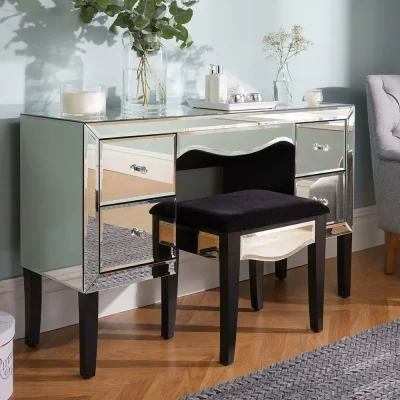 Happy Beds Palermo - Mirrored 4 Drawer Dressing Table - Mirror/Black - Mirror/Wooden - Happy Beds