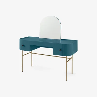 Made.com Tandy Dressing Table, Teal Blue with Gloss Black Handles & Brass Legs