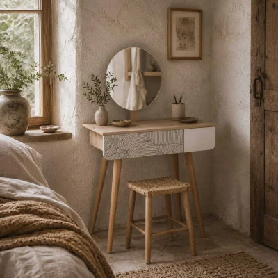 The Range Zino Oak Wood Botanical Pattern Dressing Table with Adjustable Mirror and Drawer Storage for Bedroom