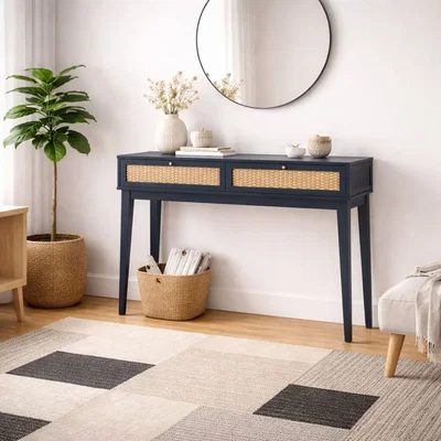The Range Waterford Blue Oak and Rattan Dressing Table - 2 Drawers