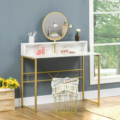 The Range Modern Dressing Table with Round Mirror, Vanity Makeup Desk - White, Gold