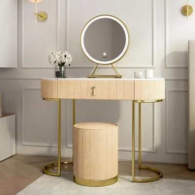 The Range Miami Deco Cream Velvet Dressing Table with LED Touch Mirror - Cream