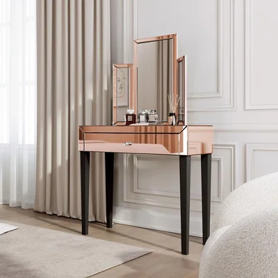 The Range Rosegold Mirrored Dressing Table with Tri-Fold Mirror - Rose Gold