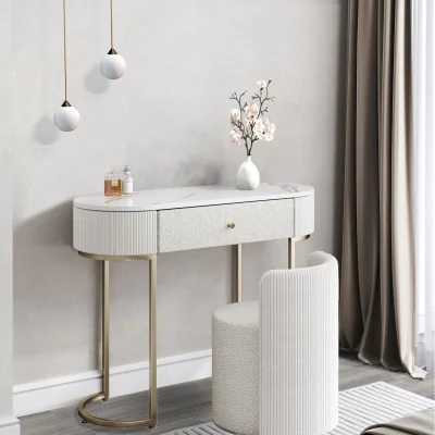 The Range Romy Boucle Dressing Table with Hattie Boucle Stool - Ivory