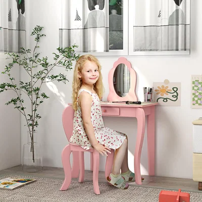The Range Kids Dressing Table with Mirror Stool Drawer Girls Vanity Table - Pink