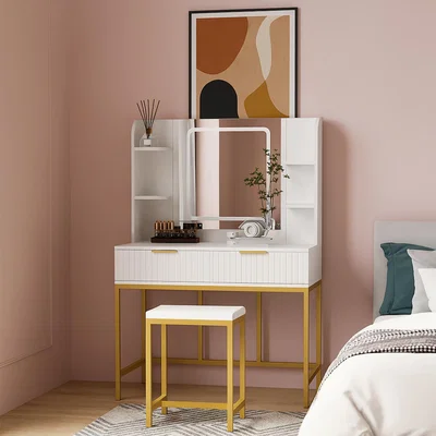 The Range Annabelle White and Gold Dressing Table Set with LED Mirror - white