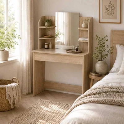 The Range Vermani Natural Wood-Effect Dressing Table Desk with Mirror, 2-Tier Shelves and Concealed Drawer