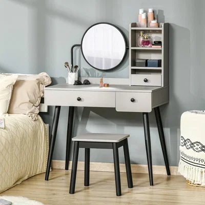 The Range Dressing Table Set with Round Mirror and Stool - Grey
