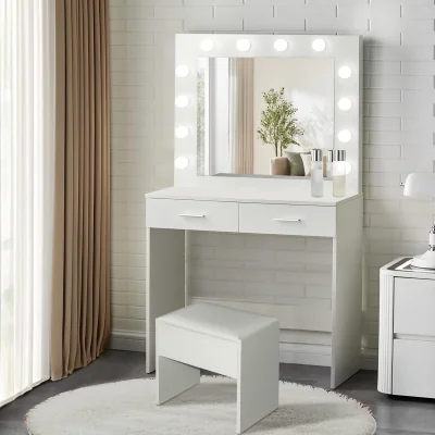 The Range Modern Vanity Dressing Table with LED Mirror, 2 Drawers and Stool, White - White