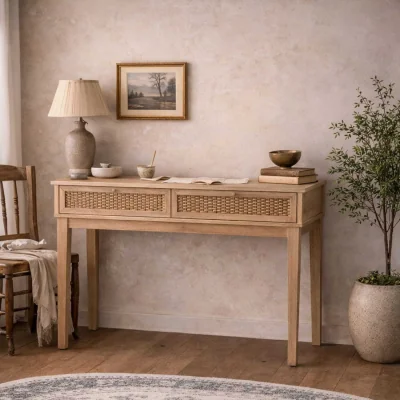 The Range Waterford Oak Desk Table with Rattan Drawer Fronts, 2 Drawers