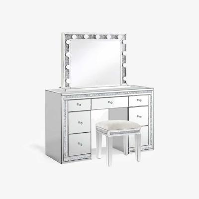 The Range Mirrored Diamond Crush Mirrored Dressing Table With Led Lights and Stool - Silver